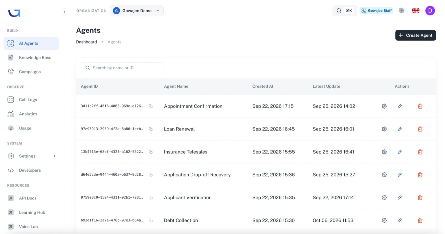 The Gowajee platform: the AI Agents list with agents for appointment confirmation, loan renewal, insurance telesales, application drop-off recovery, applicant verification and debt collection